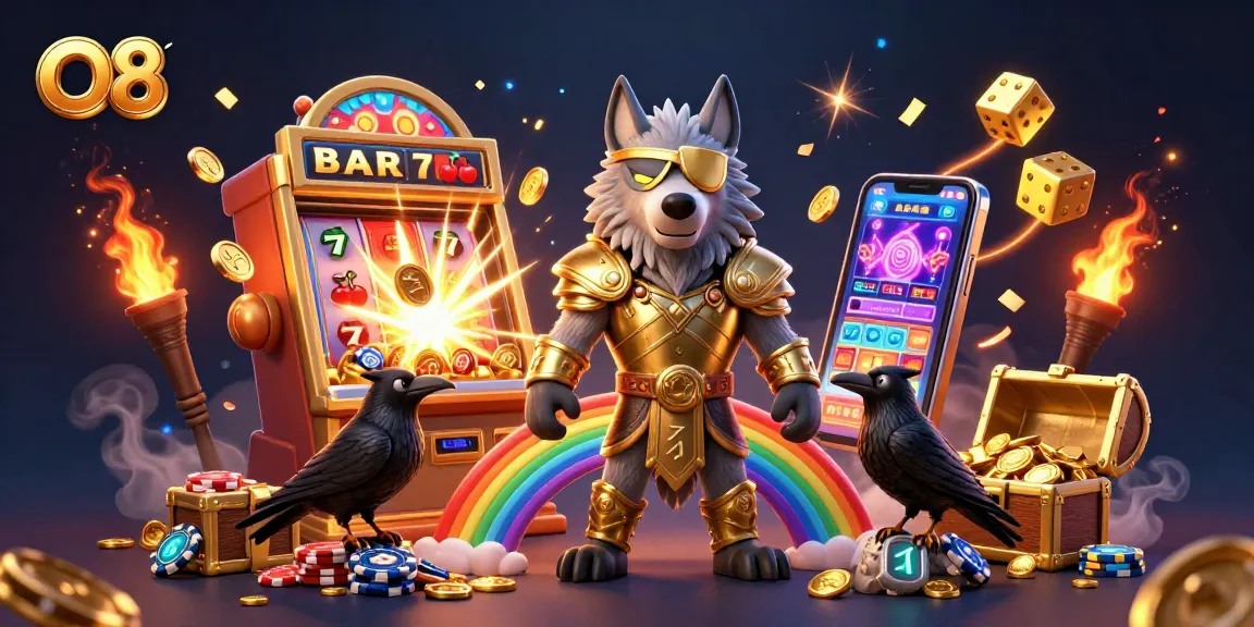 Spin the reels at O8 and witness the jackpot explosion in this vibrant casino scene.