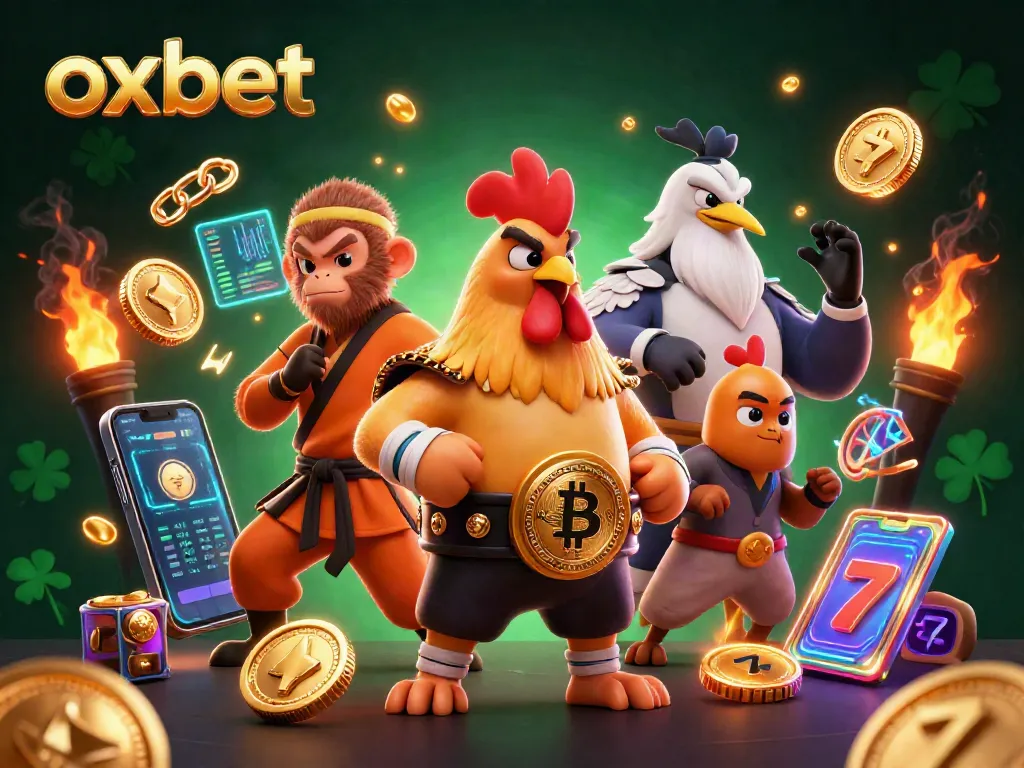 Embrace thrilling bets with Oxbet featuring roosters and crypto elements in a vibrant casino backdrop