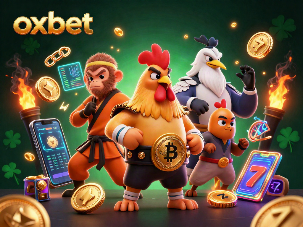 Embrace thrilling bets with Oxbet featuring roosters and crypto elements in a vibrant casino backdrop