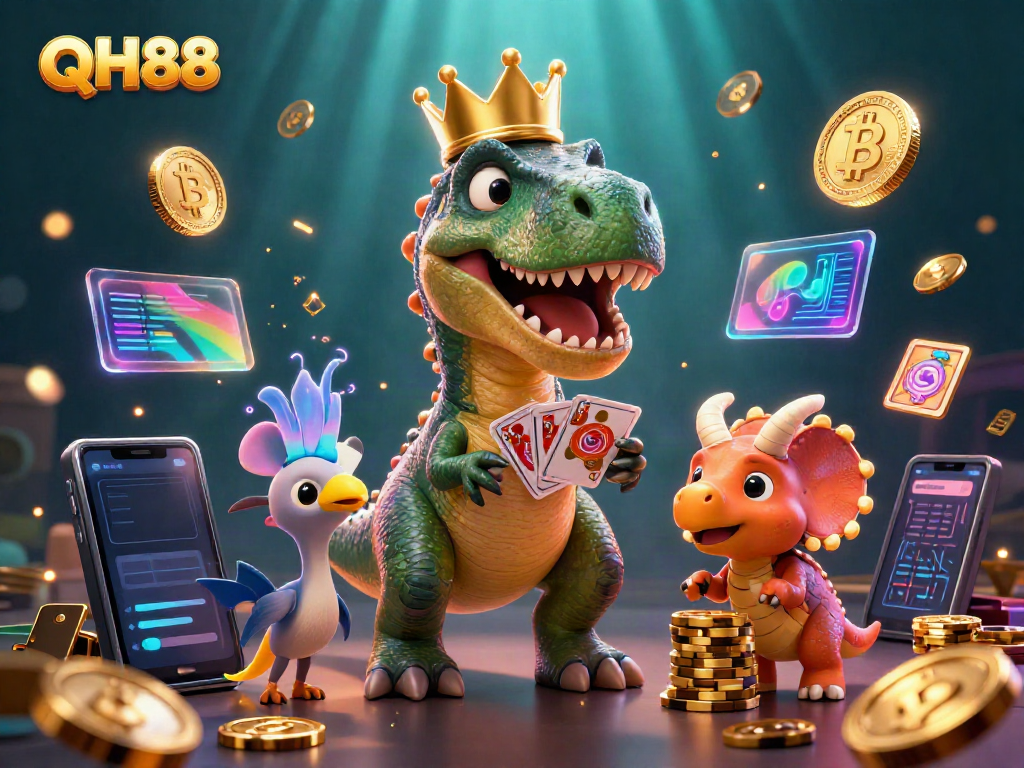 Engage in thrilling card games with QH88's dynamic 3D casino scene featuring vibrant characters and crypto elements.