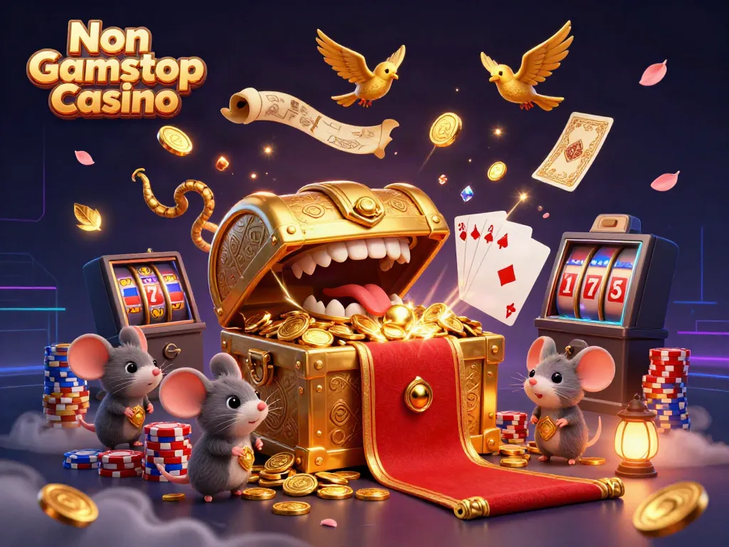 Experience thrilling adventures at Non Gamstop Casino with treasure chests, coins, and vibrant casino elements.