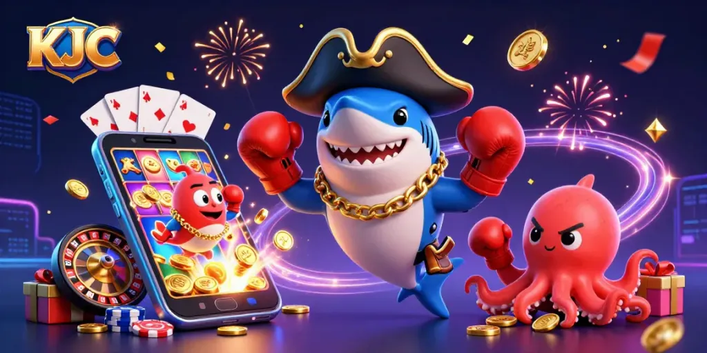 KJC collection showcases vibrant casino-themed 3D artwork featuring a pirate shark, pufferfish, and octopus.