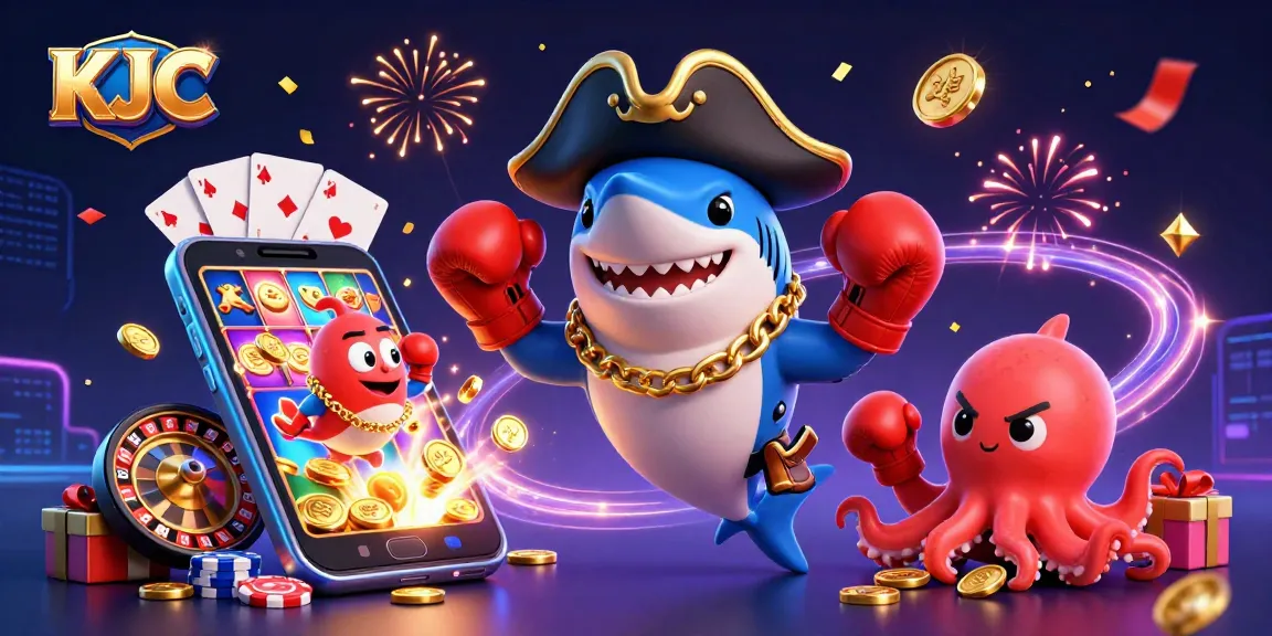 KJC collection showcases vibrant casino-themed 3D artwork featuring a pirate shark, pufferfish, and octopus.