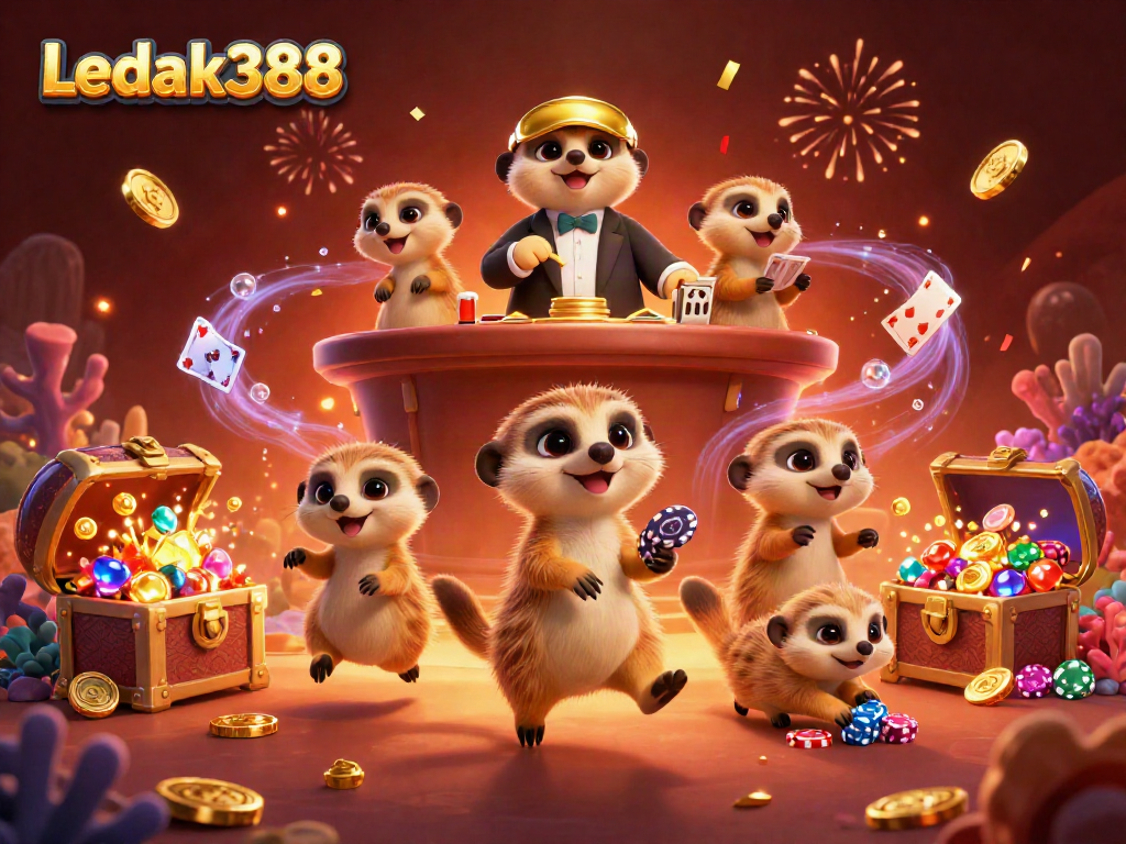 Experience the vibrant casino scene of Ledak388 with lively meerkats, treasures, and festive decorations.