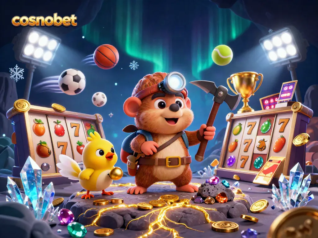 Bet on slots and win with cosmobet in this vibrant, action-filled 3D casino illustration.