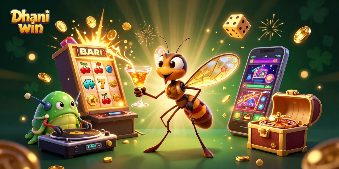 Dhani win showcases a lively casino scene with a frozen mosquito mascot, trilobite DJ, and jam-packed slot machines.