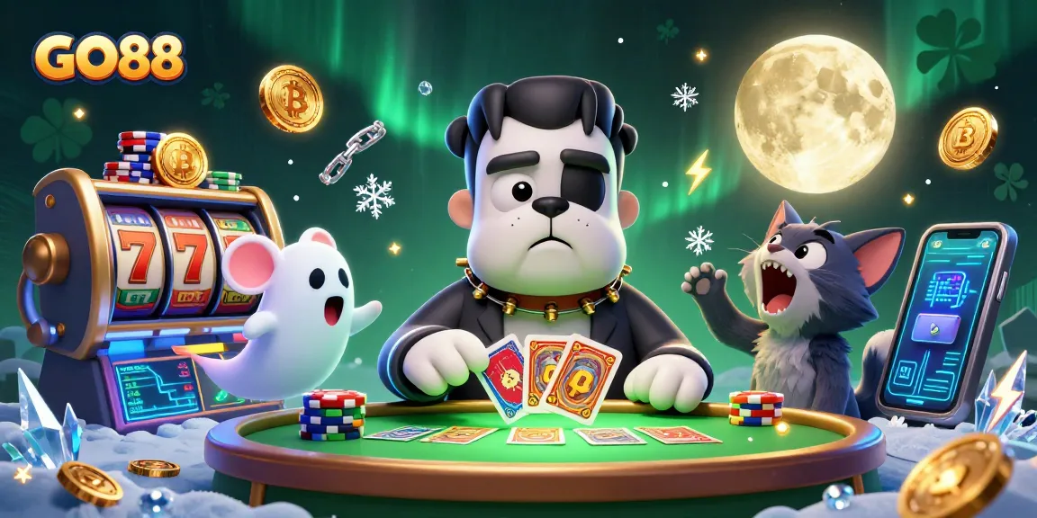 Engage in GO88 casino excitement with a lively cartoon scene featuring unique characters at a card table.
