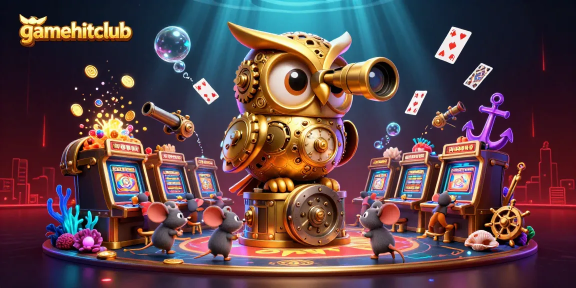 Experience excitement with gamehitclub, featuring a golden owl scanning a vibrant casino scene full of colorful game elements.