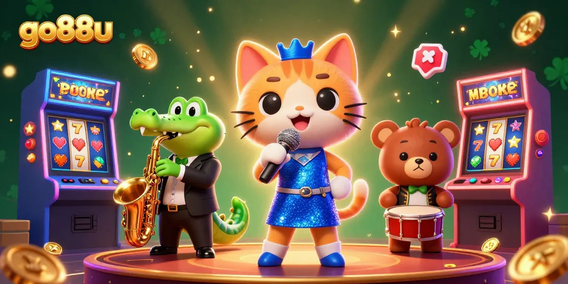 Enhance your gambling experience with go88u's exciting cartoon casino scene featuring playful characters.