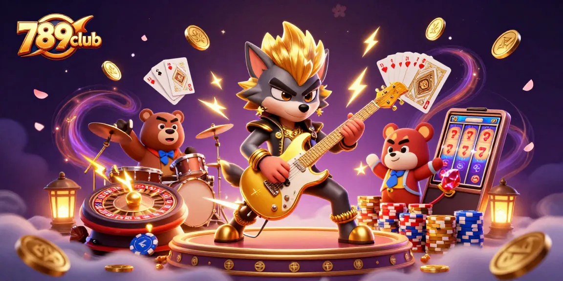 Experience the excitement of 789club's casino stage illustrated with vibrant characters, golden coins, and a spinning roulette wheel.