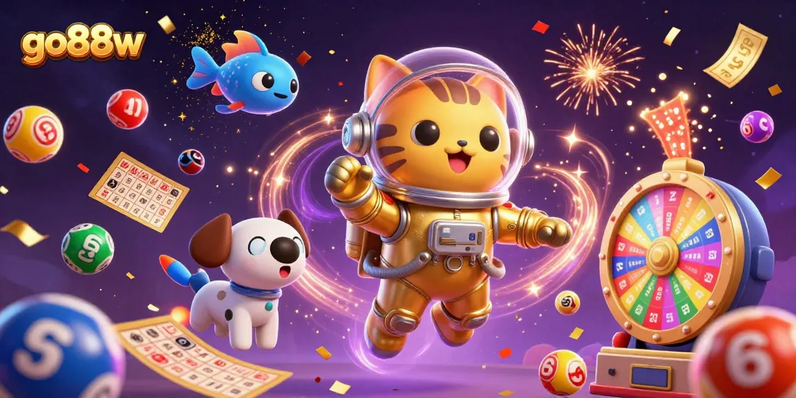 Join the action at go88w with colorful lottery balls, a space cat, and exciting golden gaming elements.