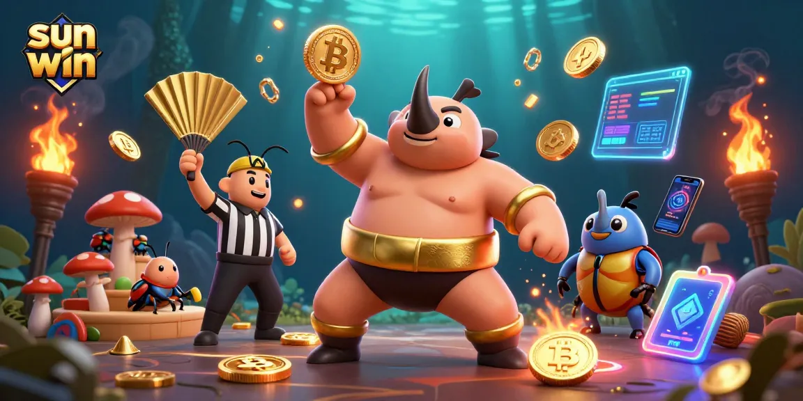 Experience the thrill of sun win as a beetle champion stomps gold coins in a vibrant casino.