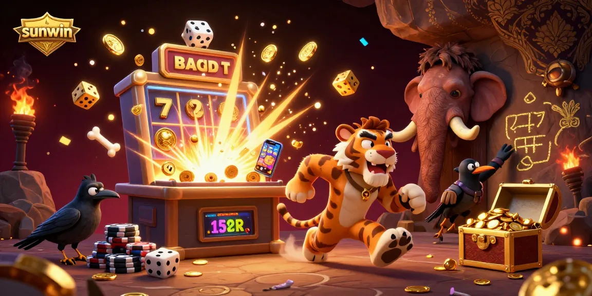 Experience sunwin's vibrant casino world with 3D characters enjoying a jackpot explosion in a prehistoric theme.