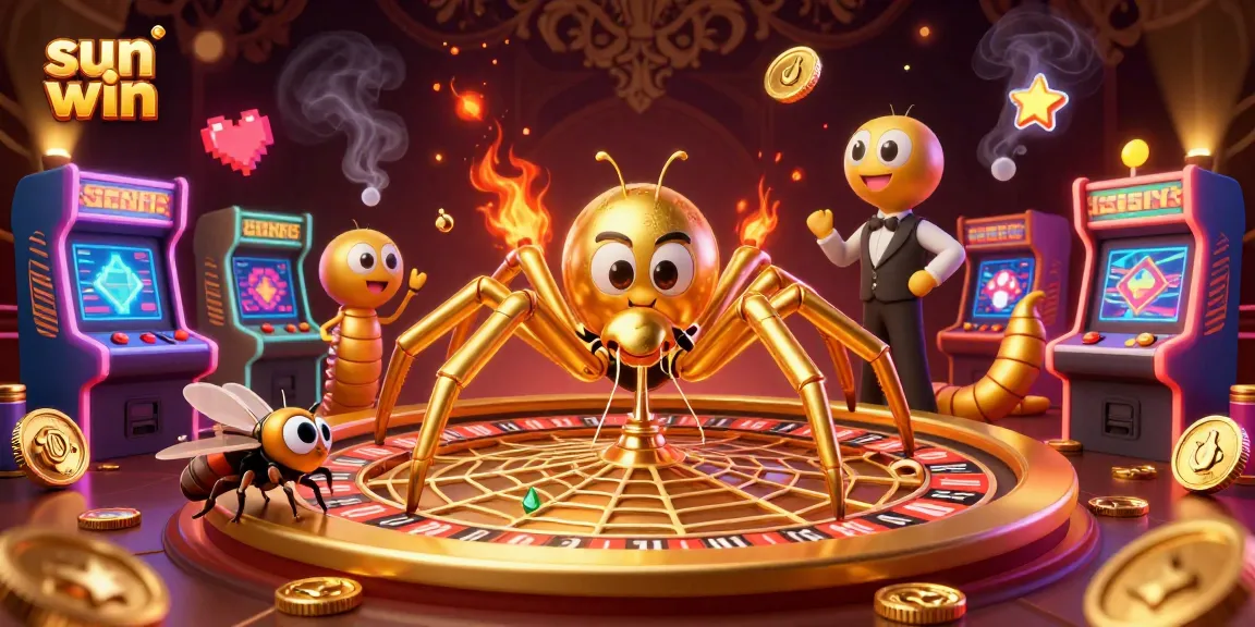 Engage in thrilling gameplay at sun win with a golden spider web roulette wheel and colorful arcade elements.